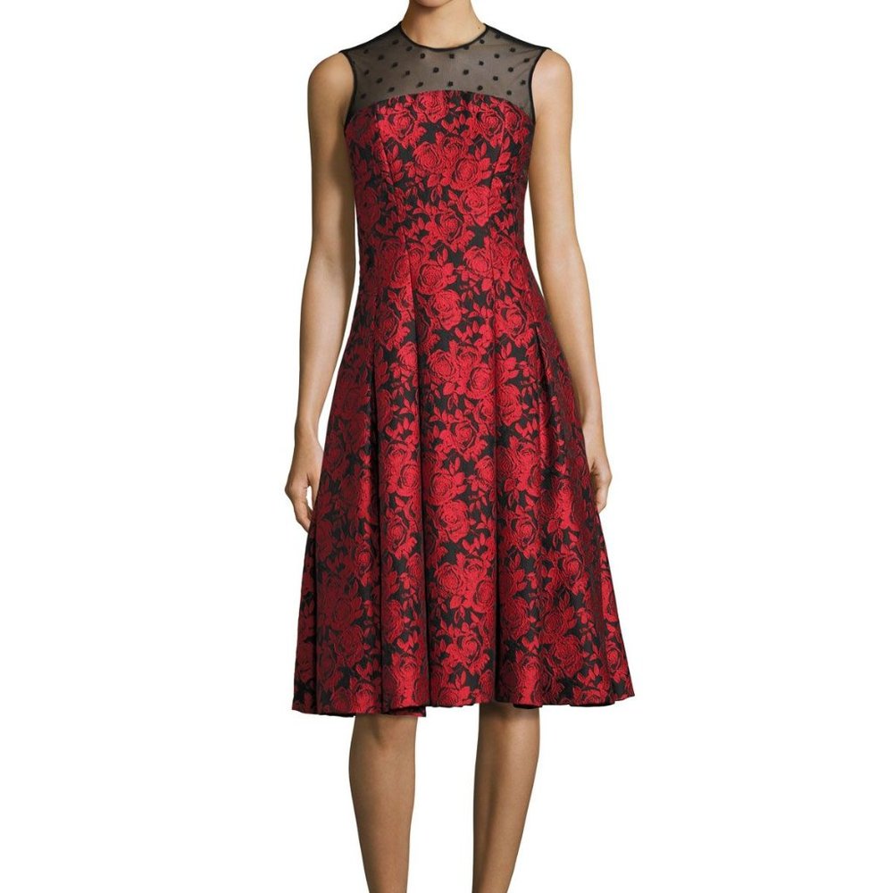 NWT Carmen Marc Valvo Floral Jacquard Fit-and-Flare Cocktail Dress, Size 8
